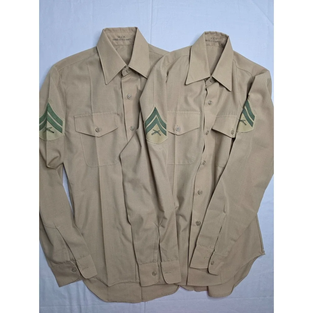Men's Uniform Shirt 14x34 Khaki Wool Rifle Patch Button-Up Military Lot of 2